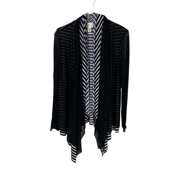 Chico’s Black & White Striped Cardigan with Black Sheer Overlay Size 2 L/12 - Picture 1 of 6